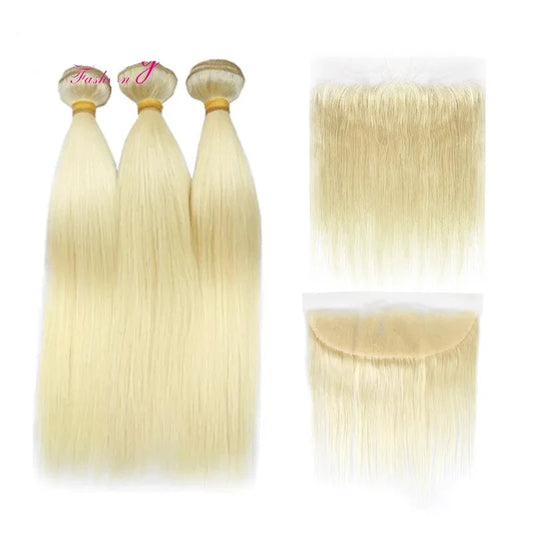 Blonde Straight 2/3 Bundles With Frontal Brazilian Virgin Hair Bundles With 13x4 Frontal Closure Blonde 613 Hair