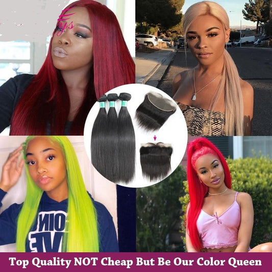 Straight 3 Bundles With Frontal 10-28inch Nature Color Brazilian Virgin Hair Unprocessed Human Hair Weave